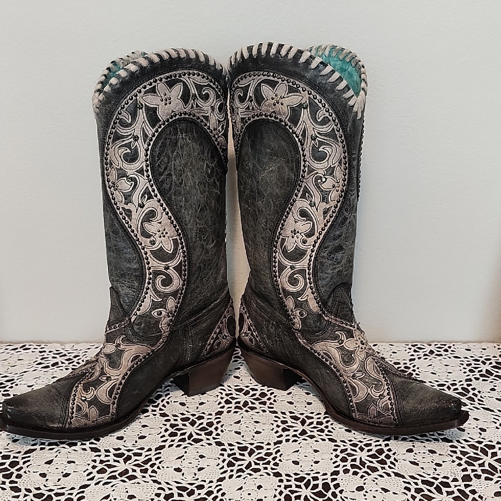 Corral Womens Black/Gray Boots Size 9 Dusky Floral Overlay Crystals & Studs